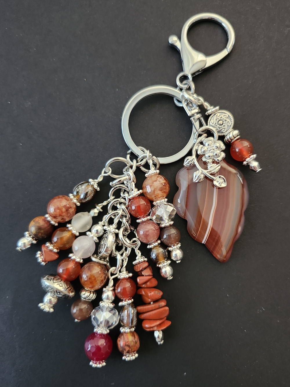 8.  Banded Agate Purse Charm or Keychain Coral Carnelian Handcrafted